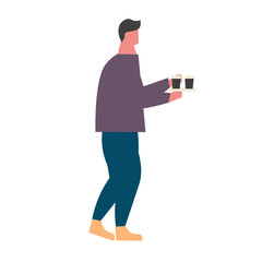 A man carries a takeaway coffee or tea. Flat vector illustration
