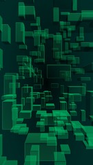 Green and dark abstract digital and technology background. The pattern with repeating rectangles. 3D illustration