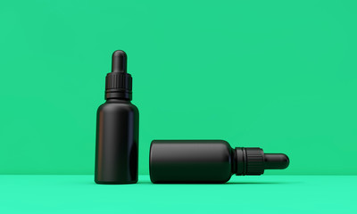 Black oil dropper bottle with blank label on a green background. 3D Render