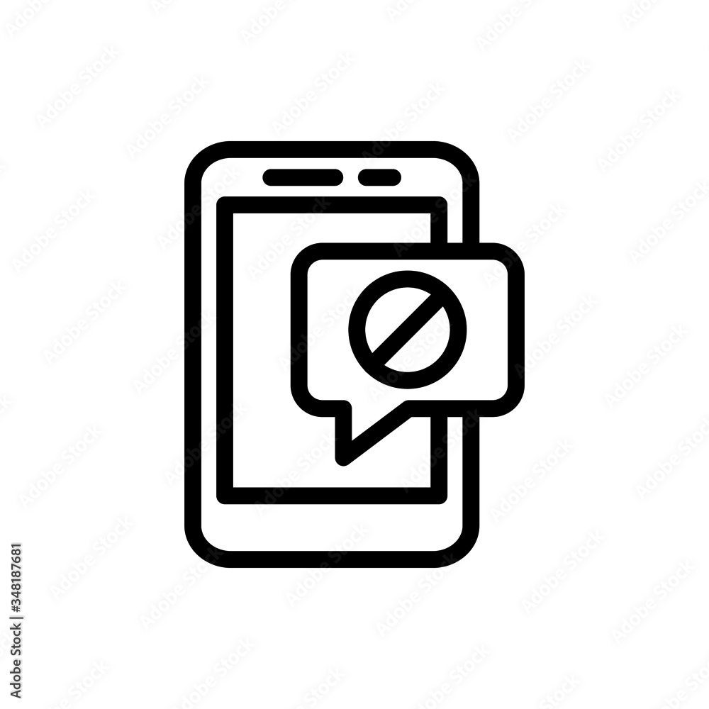 Poster smartphone or phone receiving message icon with not allowed sign in line art style on white backgrou