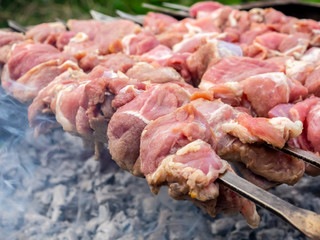 Juicy and fresh slices of pork meat are strung on skewers and grilled in charcoal grill. Fragrant smoke. Natural meat dish outdoors on a spring day.