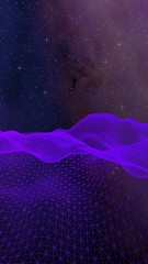 Abstract ultraviolet landscape on a dark background. Purple cyberspace grid. hi tech network. Outer space. Violet starry outer space texture. Vertical image orientation. 3D illustration