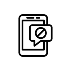 Smartphone or phone receiving message icon with not allowed sign in line art style on white background