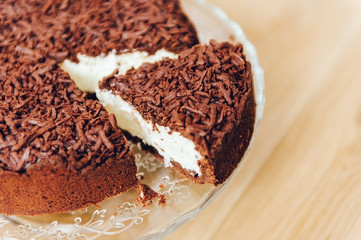 Chocolate Cake. Cottage cheese cheesecake inside. Piece of cake