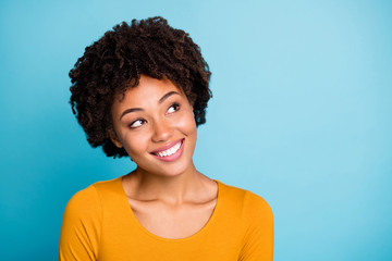 Portrait of lovely girlish charming afro american girl look copyspace imagine her wonderful autumn...