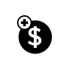 Finance icon with add sign in black flat design on white background, Finance icon and new, plus, positive symbol, Vector icon
