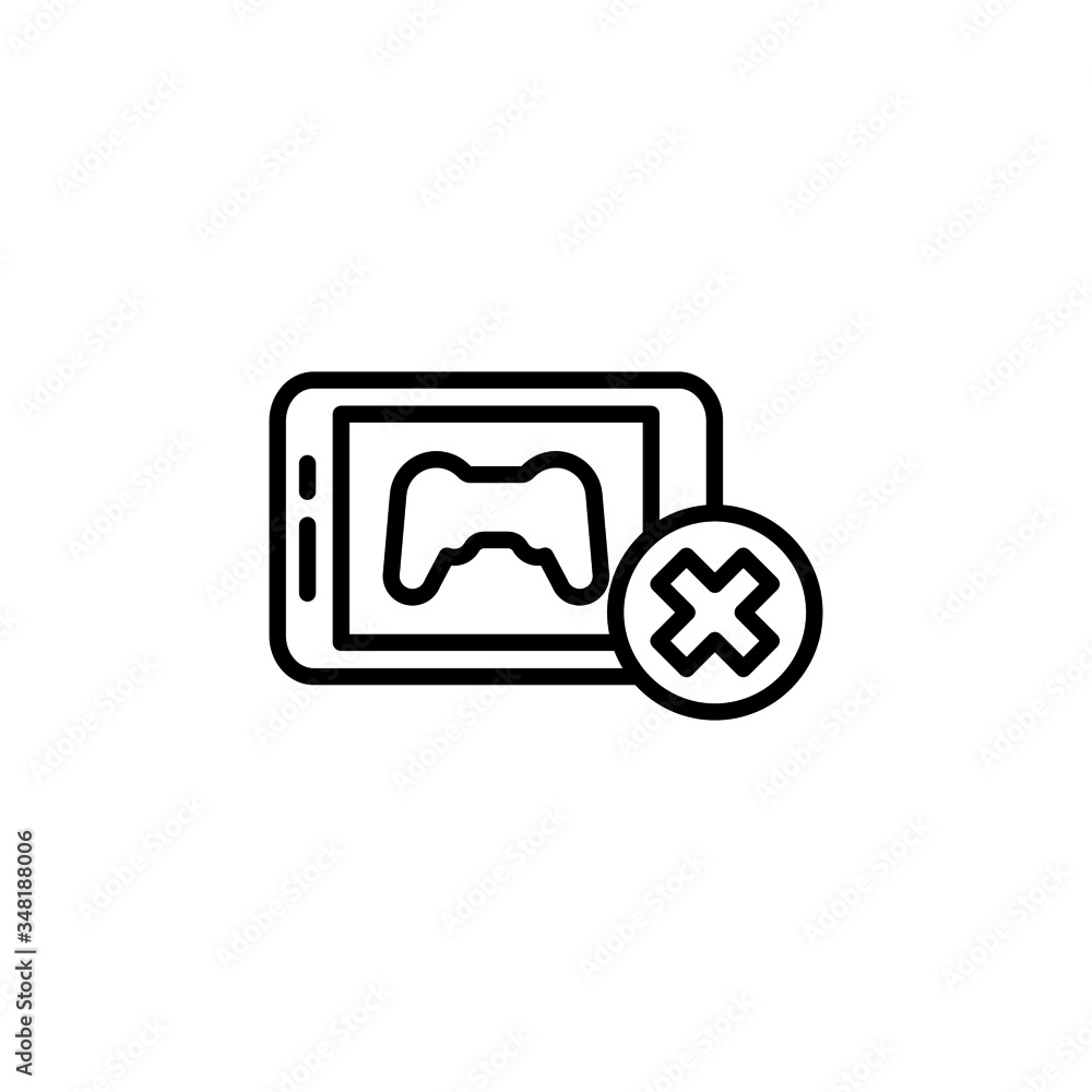Poster smartphone with joystick icon not allowed sign in line art style on white background