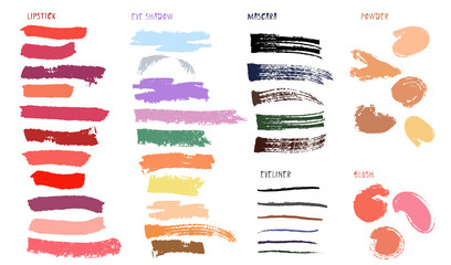 Beauty cosmetic brush strokes isolated flat vector elements. Swatches makeup pastel strokes and blush textures illustration set for design. Fashion and makeup paints concept