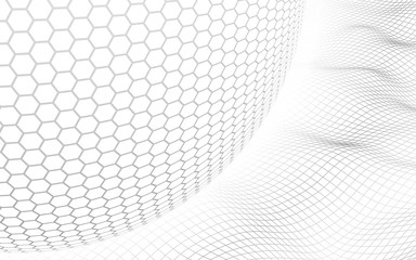 Abstract landscape on a white background with white honeycomb sphere. Cyberspace grid. hi tech network. 3d illustration