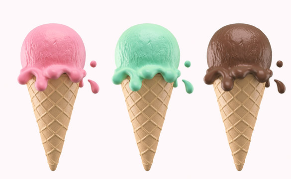 Set of cartoon ice cream scoops in waffle cones, 3d illustration.