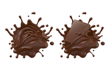 chocolate pieces falling on chocolate Milk cream splash 3d illustration.