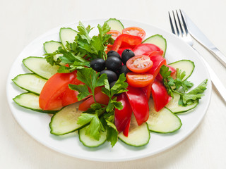 vegetable slicing: cucumber tomato bell pepper olives