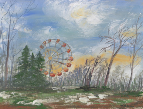 Gouache painting with peaceful early winter landscape at sunrise. Amusement park with bare trees, green grass & snow. Hand drawn ferris wheel on blue sky background in Minsk, Belarus, Eastern Europe.