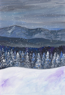 Gouache painting with winter snowy night landscape. Serene peaceful hand painted stock illustration with vibrant mountain peaks & for trees covered with snow. Xmas/New Year peaceful background design