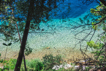 Views of coastline from Komrcar city park in Rab town on Rab island, Croatia