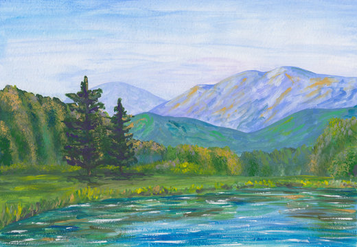 Gouache painting - river in forest with green trees, blue mountains & light blue sky. Peaceful tranquil abstract nature landscape. Hand drawn calm peaceful background. Serenity nature concept.