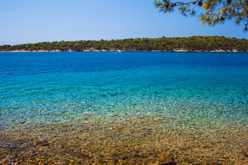 Views of coastline from Komrcar city park in Rab town on Rab island, Croatia