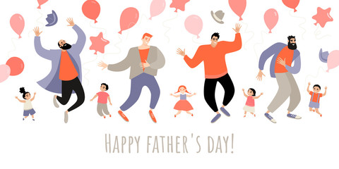Congratulatory banner for Father's Day with funny daddies and kids jumping and having fun isolated on white background.