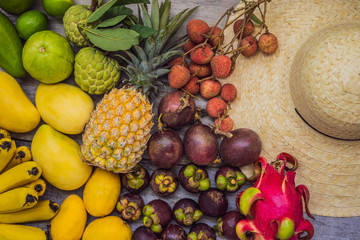Lots of fruits on a wooden table
