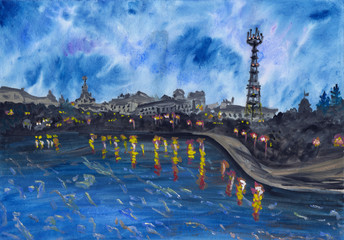 Fototapeta premium Gouache hand painted illustration of Minsk city, Belarus. Eastern European city view at early morning. Blue vibrant sky & modern architecture with winter frozen river. Main television tower in Minsk.