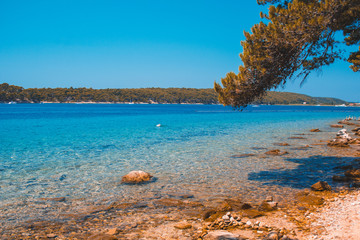 Views of coastline from Komrcar city park in Rab town on Rab island, Croatia