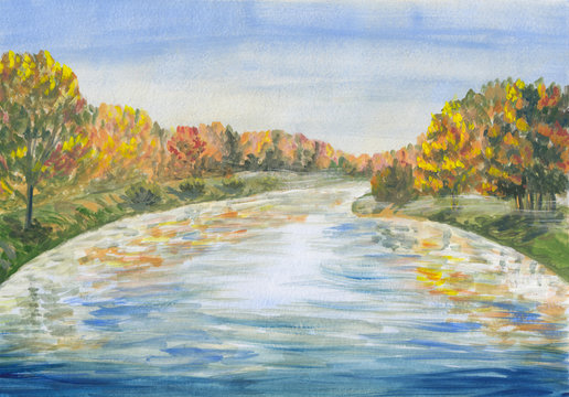 Gouache painting of bright colorful autumn landscape. Blue peaceful river & green, orange & yellow trees on its coast in park. Meditation nature background concept. Impressionist style hand drawing.