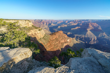 hiking the rim trail to mohave point at the south rim of grand canyon in arizona, usa