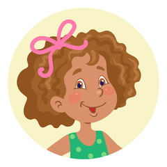 Portrait of a cute african american little girl. Avatar icon in the circle. In cartoon style. Isolated on white background. Vector illustration.