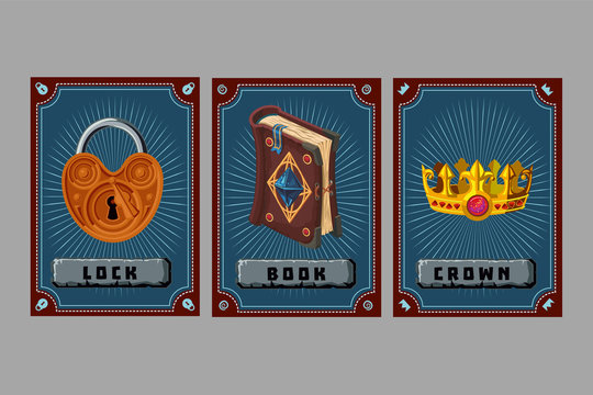 Fototapeta Card game collection. Fantasy ui kit with magic items. User interface design elements with decorative frame. Cartoon vector illustration. Lock, book and crown
