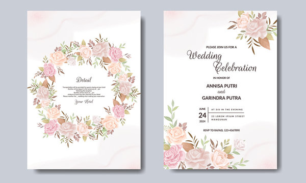 Elegant Wedding Invitation Cards Template With Pink And Blush Roses  Design Premium Vector