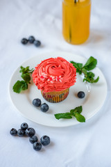 Delicious cupcake on a white plate on a white background.