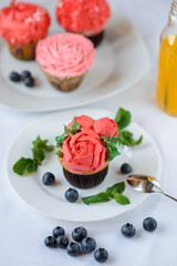 Delicious cupcake on a white plate on a white background.
