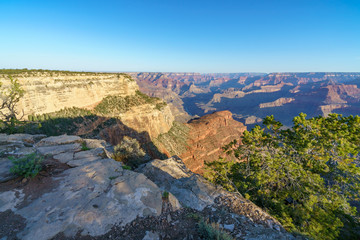 hiking the rim trail to mohave point at the south rim of grand canyon in arizona, usa