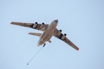 Russian aircraft IL78 for refueling other aircraft in the air against a clear sky