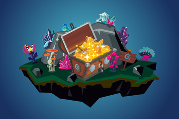 Treasure chest with golden coins and awards. Video game background. Environment with flowers. stone and prize. Cartoon vector illustration. Fantasy landscape.