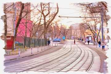 Obraz premium City Moscow. Sadovnichesky passage. Imitation of a picture. Oil paint. Illustration