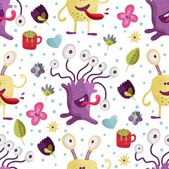 Cute cartoon monster vector seamless pattern in a flat style. Funny kid alien character background. Mutant beast animal comic wallpaper on a white background.