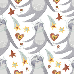Cute sloth astronaut cartoon vector seamless pattern in a flat style. Slow lazy animal flying among stars. Nature kid print on a white background.