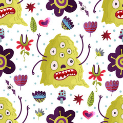 Cute cartoon monster vector seamless pattern in a flat style. Funny kid alien character background. Mutant beast animal comic wallpaper on a white background.