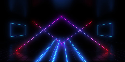 3D abstract background with neon lights. neon tunnel .space construction . 3d illustration