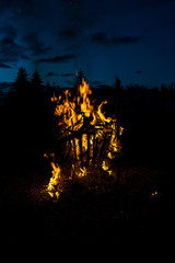 Wood burning in a fire basket at night