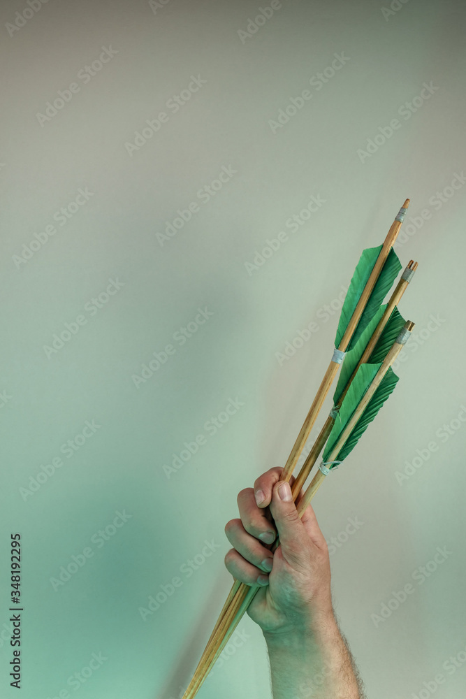 Poster hand holding old green arrows in the color light. beautiful old arrow minimal in neon light. minimal