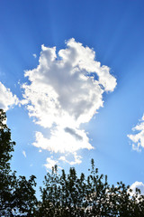 Obraz premium big white cloud on the blue sky. light streaks from the sun in the sky
