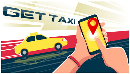 
In the hands of a smartphone orders a taxi vector illustration