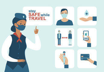 Airport safety guidance for travel by air during pandemic. Icon set for coronavirus COVID-19 outbreak. Stewardess character wearing protective medical mask.