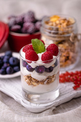 granola breakfast photographed on vintage wooden tray and linen fabric
