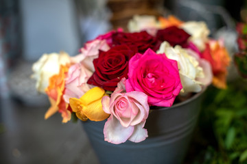 Gartendeko: bunte Rosen in einem Blecheimer-Vintage oder Retrolook