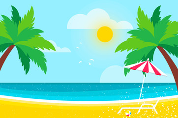 Lounge on Seashore. Parasol under the palm tree. Beach chair with sea. Time to travel. Tropical summer holidays. Flat.