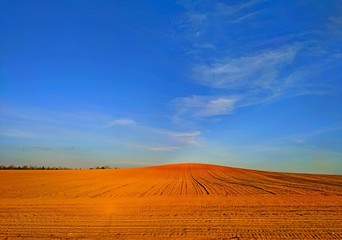 plowed field under a blue clear sky under the sunset rays of the sun