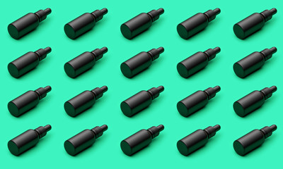 Black oil dropper bottle with blank label on a green background. 3D Render